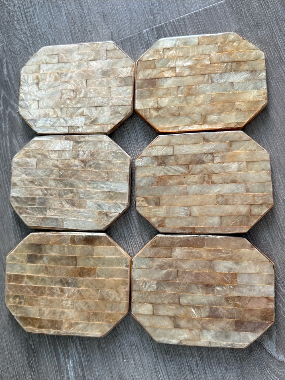 Vintage Set of 6 Capiz Shell Mother of Pearl Tiled Coasters Coastal Beach Boho